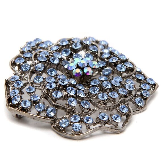 Vintage Blue Crystal Flower Brooch Pendant Pin Metal Silver Iridescent Jewelry - Picture 4 of 7